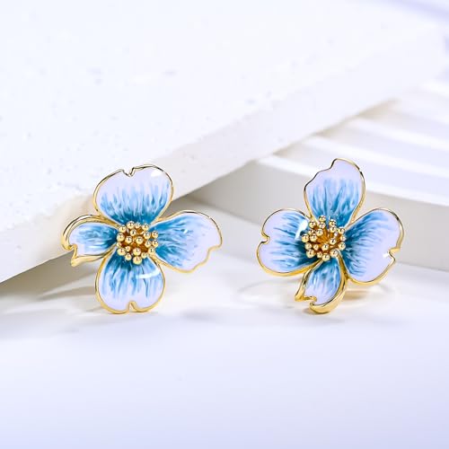 Clip on Earrings Women, 14K Gold Plated Earrings for Sensitive Ears, Fashion Women's Earrings Jewelry Birthday Gift for Wife Grandma Daughter Girls on Christmas Thanksgiving - color: Cherry Blossom Blue Gradient Color Earrings