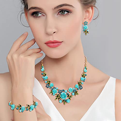 EVER FAITH Costume Jewelry Crystal Simulated Pearl Rose Flower Leaf Prom Party Statement Necklace Earrings Bracelet Set for Women - color: Light Blue Gold-Tone