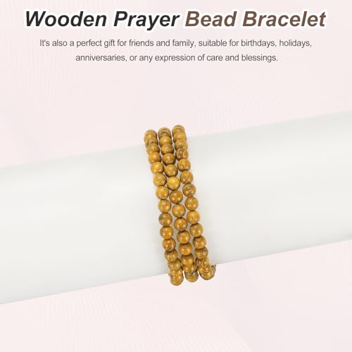 MECCANIXITY Prayer Beads Bracelet, Natural Wooden Bead Mala Bracelets Link Wrist Men Women Beaded Stretch Crafts Bangle - color: Golden Wood Color