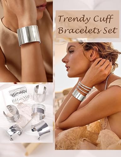 REVOLIA 6Pcs Chunky Cuff Bracelets Set for Women Minimalist Irregular Statement Wrist Cuff Adjustable Hammered Bangles Bracelets Open Wide Wire Arm Cuff Bracelet - color: Silver-A