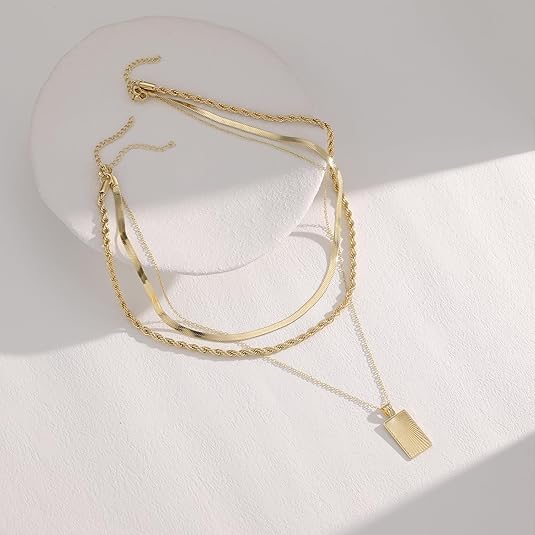 Evabelle Gold Layered Necklace for Women Trendy Jewelry 14K Real Gold Plated Chunky Chain Stackable Necklaces Dainty Choker Necklaces Rectangle Square Pendant - color: Gold Necklace 02