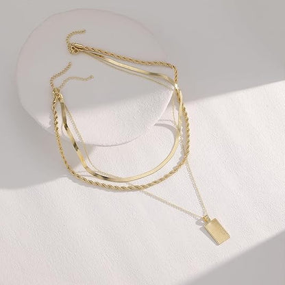 Evabelle Gold Layered Necklace for Women Trendy Jewelry 14K Real Gold Plated Chunky Chain Stackable Necklaces Dainty Choker Necklaces Rectangle Square Pendant - color: Gold Necklace 02