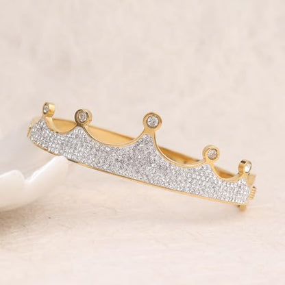 14k Gold Plated Cubic Zirconia Bangle Classic Bracelets for Woman, Sparkly Rhinestones Crown Bangle Stainless Steel Stackable Cuff Bracelet Trendy Statement Jewelry Gifts - color: GoldCrown
