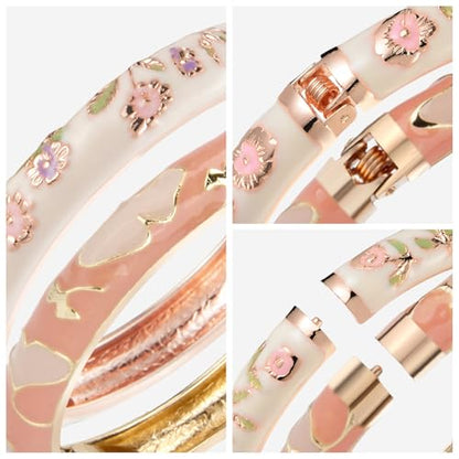 UJOY Cloisonne Bracelet Butterfly Hinge Indian Cuff Bangle Enameled Jewelry Flower Bracelets for Women Gift Box 55A114 - color: A45-2 Pcs Set-Cream and Pink