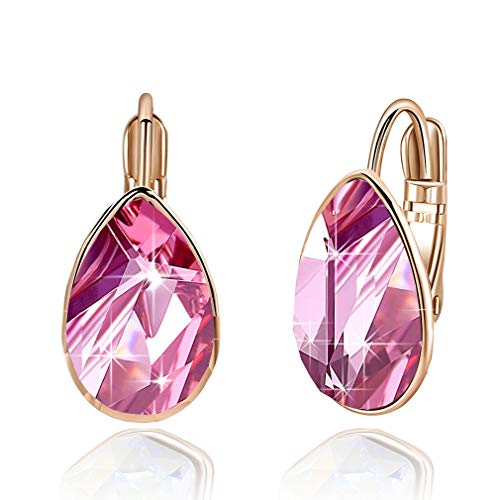 Austrian Crystal Teardrop Leverback Drop Earrings for Women | 14K Gold-Plated Finish, Sparkling Pear Stone, Smooth Bezel Frame, Secure Leverback Closure, Dainty Day-To-Evening Style - color: Rose Pink