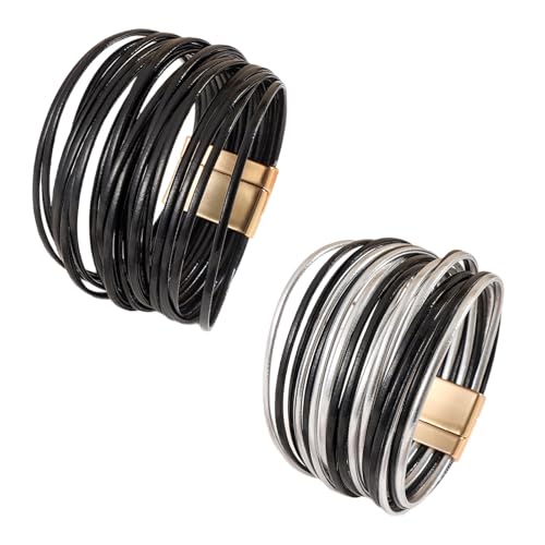 DRXRD Boho Leather Wrap Bracelets for Women Men Multi-Layer Bracelets with Strong Clasp Western Jewelry - color: J