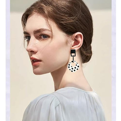 Handmade Lightweight Retro Polka Dot Square Hollow Round Dangle Drop Earrings Unique Chic Resin Geometric Stud Earrings For Women - style: white 1