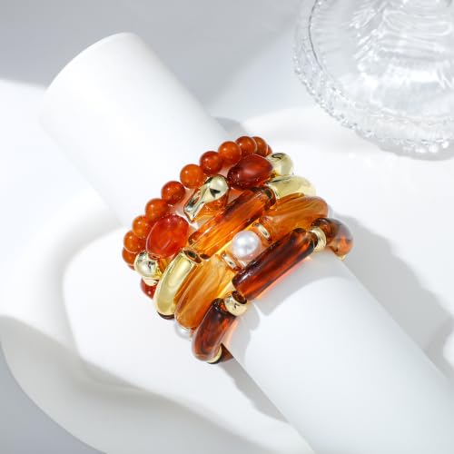 GOOJIDS Simple Beaded Gold Plated Bangles Bracelet Chunky Bamboo Tube Curved Stacking Clear Acrylic Colorful Beads Stretchable Gold Plated Bracelets Set For Women - color: S-Brown 5pc Set