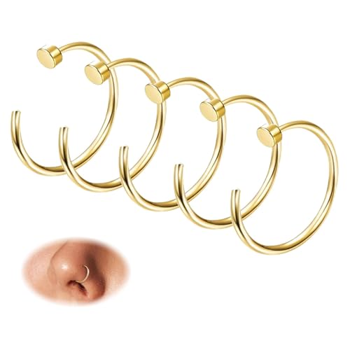18G 20G 22G Nose Rings Hoops for Women Nose Piercing - Hypoallergenic 316L Stainless Steel Hoop Nose Rings Piercing Jewelry 5PCS Gold Silver Black Tone - color: 14K Gold Plated