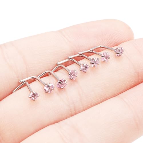 Hypoallergenic Nose Rings Studs 18G & 20G Surgical Steel Nose Studs L Shaped Nostril Piercing Jewelry with Pink Cubic Zirconia for Women & Men - color: 20g,L-shape,pink crystal