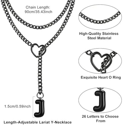 Black Heart Slip Chain Initial Necklaces for Women, Stainless Steel Wrap Choker Necklace, Gothic O-Ring Adjustable Lariat Y Necklaces, Punk Cuban Collar Choker Necklace, Halloween Jewelry Gift - color: Black J