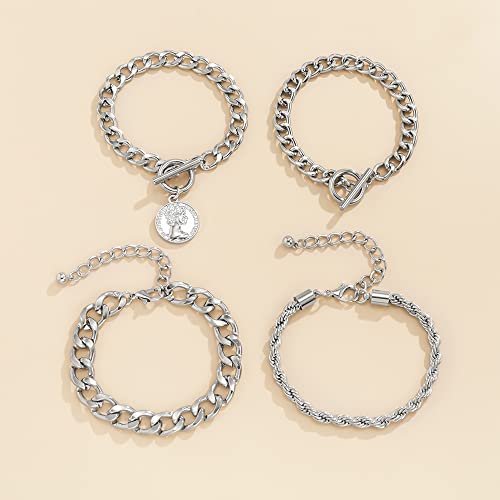 Boho Fashion Dainty Boho Gold Silver Chain Stackable Bracelets Set for Women Adjustable Beaded Coin Chunky Flat Cable Chain Punk Bracelets Jewelry for Women Gift Set of 4 - color: Silver