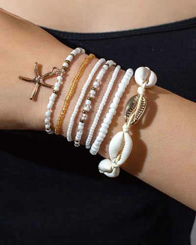 Shell Bracelets for Women Layered Seashell Starfish Bracelets Stackable Stretch Boho Beaded Bracelet Summer Beach Surfer Bracelet Seaside Beach Dress Outfits Accessories - color: A3:shell bracelets