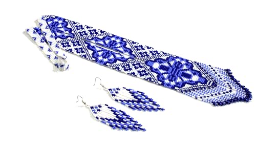Long Beaded Necklace – Boho Native Handmade Seed Bead Tassel Necklace, Bohemian Large Statement Beaded Necklace for Women - color: Royal Blue White