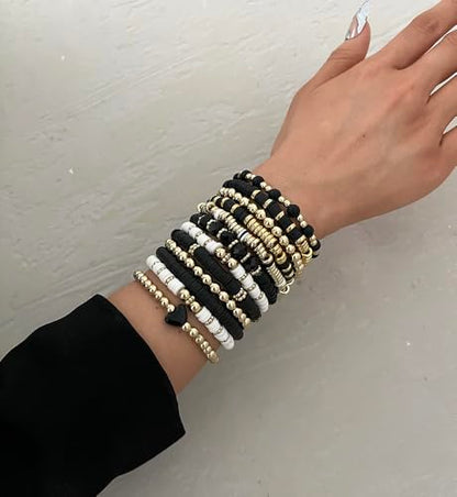 iF YOU 13pcs Boho Brown Gold Beaded Stretch Bracelets for Women, Heishi Clay Surfer Stackable Bracelet Stacks Summer Beach Jewelry - style: White & Black Clay Bracelets