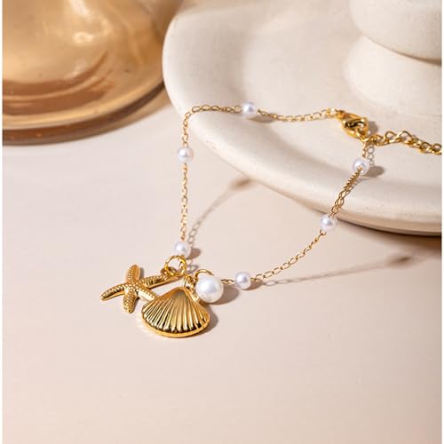 Dainty Shell Starfish Bracelet Anklet Charm Pearl Beads Seashell Gold-Tone Plated Stainless Steel Boho Anklet Foot Jewelry for Women Fashion boho Summer Beach Accessories Eternity Gift Valentine's Day