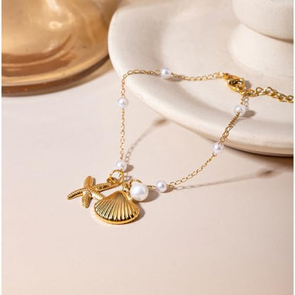 Dainty Shell Starfish Bracelet Anklet Charm Pearl Beads Seashell Gold-Tone Plated Stainless Steel Boho Anklet Foot Jewelry for Women Fashion boho Summer Beach Accessories Eternity Gift Valentine's Day