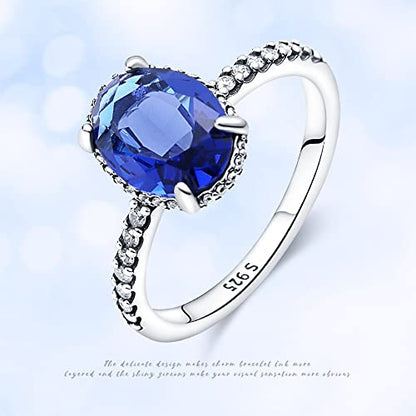 KUNSIR 925 Silver Cubic Zirconia Ring Size 7-9 Wedding Band Sterling Silver Eternity Ring Modern Style - style: Blue Stone Ring