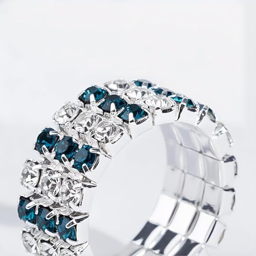 Sparkling Rhinestone Ring Set Trendy Elastic Rhinestone Crystal Stretch Ring Stackable Jewelry for Women Girls - color: 3 Rows Ring-White+Dark Blue