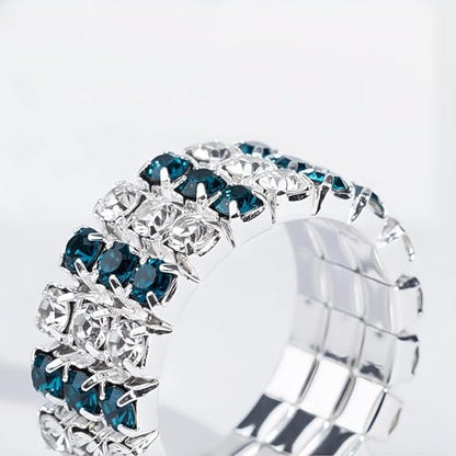 Sparkling Rhinestone Ring Set Trendy Elastic Rhinestone Crystal Stretch Ring Stackable Jewelry for Women Girls - color: 3 Rows Ring-White+Dark Blue