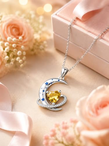 Birthstone Necklace for Women White Gold Moon and Star Pendant Moon Jewelry Anniversary Birthday Gifts for Mom Wife Her - color: 11. November - Citrine