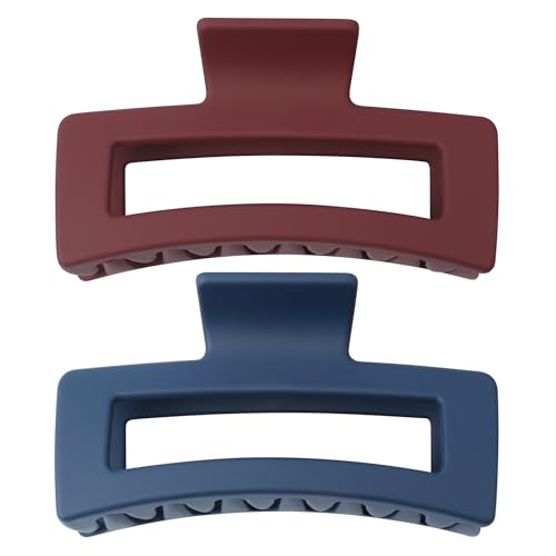 XXL Jumbo Rectangle Claw Clips for Thick Hair - Strong Hold Hair Clips | Rectangle Design | Matte Finish | Non Slip | Wide Opening | 2 Pack (Navy & Burgundy) - color: Navy & Burgundy