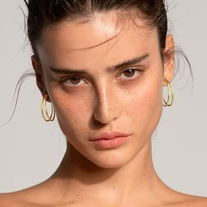 Large Thin Double Hoop Earrings for Women Lightweight Hypoallergenic 925 Sterling Silver Post 14K Gold Hoops Non Tarnish Sturdy Big Thin Double Layered Hoop Earrings 30/40/50/60mm - color: Gold, size: 30mm