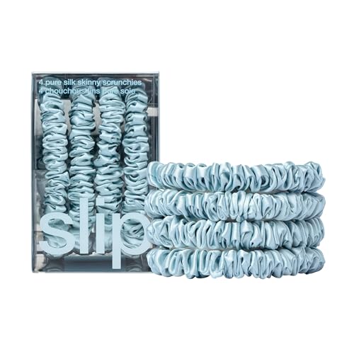 Slip Silk Hair Ties — Skinny Silk Sky Blue Scrunchies, No Damage, No Crease, Anti-Breakage |100% Mulberry Silk | All Hair Types | Made with Proprietary Slipsilk™ | Set of 4 - color: Sky Blue