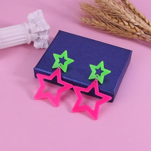 Colorful 80s 90s Neon Star Earrings for Women Retro Glow Party Costume 80s 90s Acrylic Dangle Earrings Outfit - style: Symmetrical Green and Hot Pink
