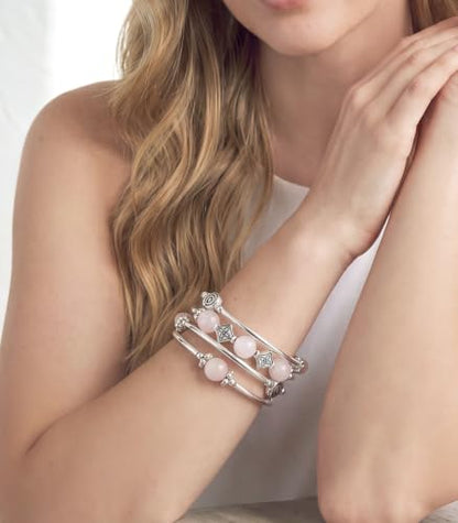 Beaded Pearl Bangle Wrap Bracelet - Fashion Bohemian Jewelry Multilayer Charm Bracelet with Thick Silver Metal Beads, Gift For Women - color: Pink crystal
