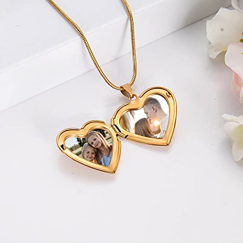 Farfume Personalized Photo Necklace for Women/Men, Memorial Jewelry Gifts | Holds 2 Pictures Pendant, Custom Engraved Text, Beautiful Locket for Girls, Durable Stainless Steel, Mothers Day Gifts - color: Heart Locket Gold