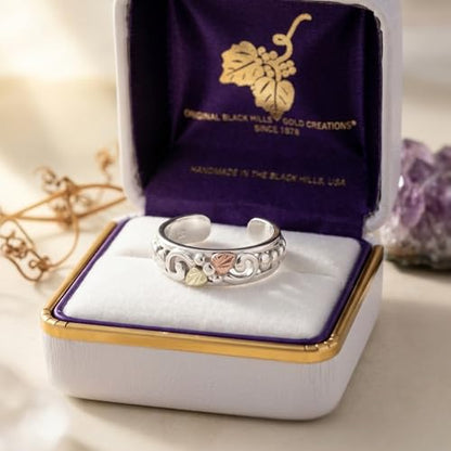 Black Hills Gold Toe Ring Sterling Silver with 12k Green & Rose Gold Grape Leaves Adjustable Vine Scroll Toe Ring, Tri-Color Leaf Summer Foot Jewelry for Women