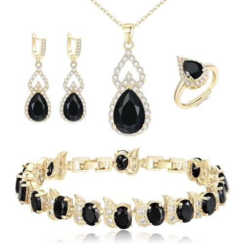 Wedding Jewelry Set for Women Bride Bridesmaid | Gorgeous Cubic Zirconia Teardrop Necklace Earrings Bracelet Adjustable Ring Jewelry Gift for Birthday/Anniversary - color: 12-Black Gold-Tone