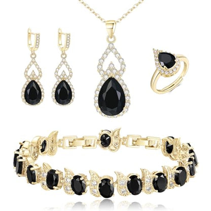 Wedding Jewelry Set for Women Bride Bridesmaid | Gorgeous Cubic Zirconia Teardrop Necklace Earrings Bracelet Adjustable Ring Jewelry Gift for Birthday/Anniversary - color: 12-Black Gold-Tone