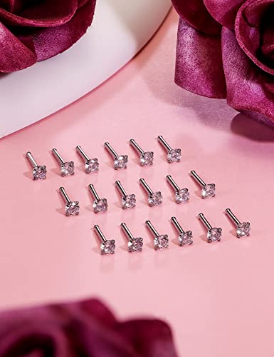 18G 20G 22G Nose Rings Studs with Cubic Zirconia 316L Surgical Steel Straight Screw L Shaped Nose Studs Piercing Jewelry for Women Men Girl CZ 1.5mm 2mm 2.5mm 3mm 20Pcs - color: A:18G L Shaped- Silver 1.5mm