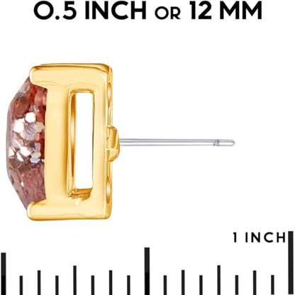 Large Square Stud Earrings for Women - Big Sparkly Rhinestone Studs | Plated in Gold Tone or Silver Tone, Hypoallergenic and Safe for Sensitive Ears - color: Rose Gold Glitter