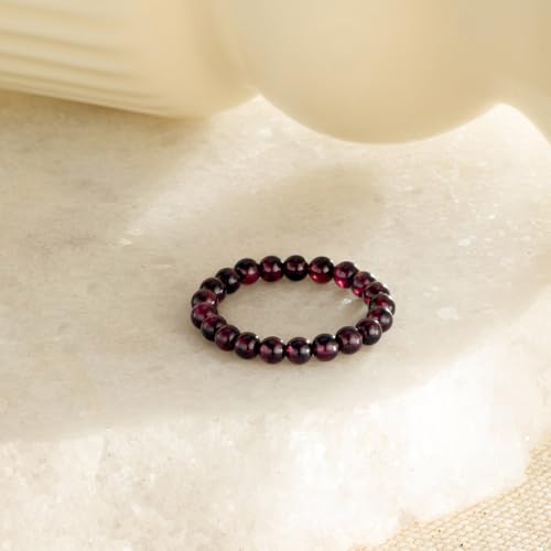 NLIEO Handmade Natural Gemstone Crystal Beaded Stretch Band Ring for Women | Handmade, 3mm Natural Stone, Size 7-12, Stretchy, Beaded Jewelry, Green Bead Rings, Trendy Jewelry Gift - style: Almandite Garnet