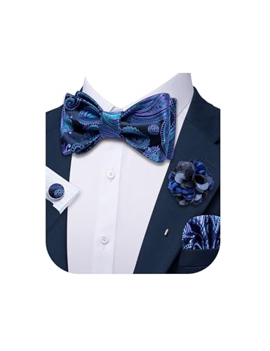 YOHOWA Bow Ties for Men Self-tied Silk Bowtie Solid Color with Lapel Pin and Handkerchief Cufflinks for Wedding Party Prom - color: Dark Blue Purple