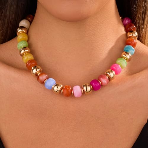 Resin Chunky Colorful Beaded Necklace | Adjustable Boho Statement Necklace,Summer Beach Party Jewelry - color: Colorful