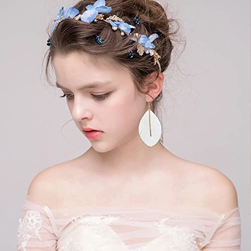 YUNXI Large Genuine Soft Leather Handmade Fringe Feather Lightweight Leaf with Simple Drop Metal Bar Tear Drop Dangle Color Earrings for Women - color: White