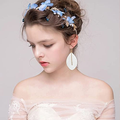YUNXI Large Genuine Soft Leather Handmade Fringe Feather Lightweight Leaf with Simple Drop Metal Bar Tear Drop Dangle Color Earrings for Women - color: White