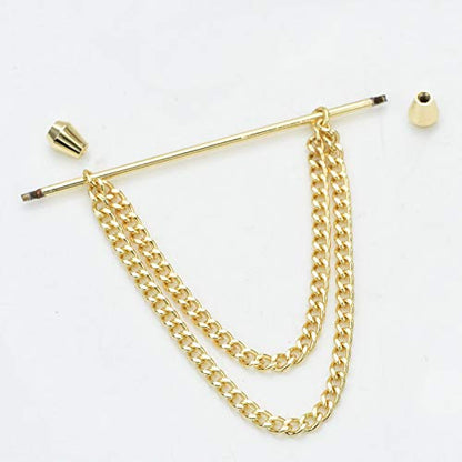 Men's Gold Plated Brass Collar Bar with Double Hanging Chain Tassel Shirt Tie Bar Collar Brooch - color: Gold Cone Head