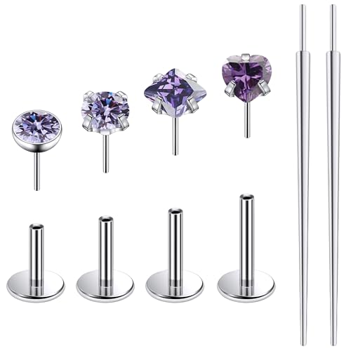 Ruifan Titanium Flat Back Lip Rings Threadless Push in Earrings Studs Nose Rings 20G 18G 16G Round Heart Square CZ Tragus Cartilage Lobe Rook Helix Conch Labret Medusa Piercing Jewelry for Women Men - color: Purple CZ, size: 18G-6/8/10mm
