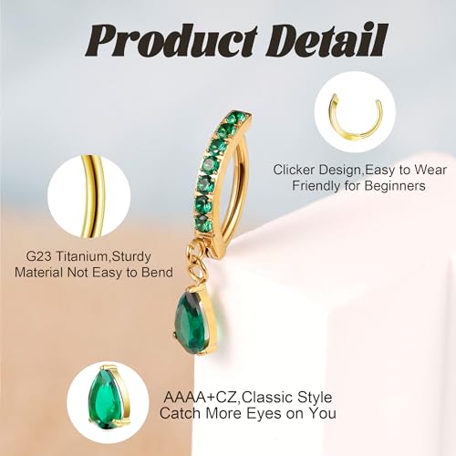 14G G23 Titanium Clicker Belly Button Ring for Women - Teardrop CZ Dangle Curved Reverse Barbell Navel Piercing - Hypoallergenic Jewelry - color: Green