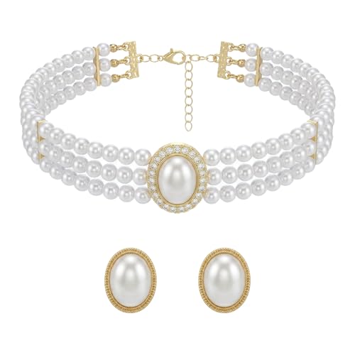 Ymapinc Big Pearl Choker Necklace and Earring Set for Women, Vintage Faux Pearl Jewelry Set, Bride Wedding Prom Party Costume Accessories, Elegant Classic Pearls Choker Gift