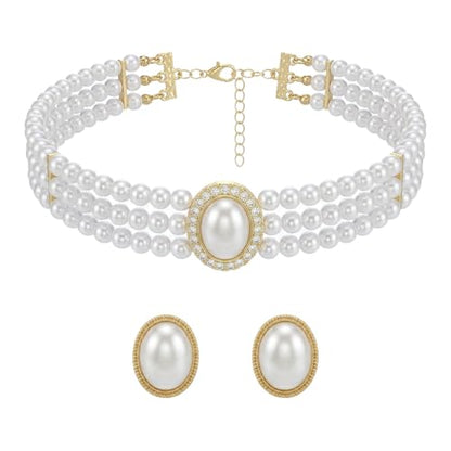 Ymapinc Big Pearl Choker Necklace and Earring Set for Women, Vintage Faux Pearl Jewelry Set, Bride Wedding Prom Party Costume Accessories, Elegant Classic Pearls Choker Gift