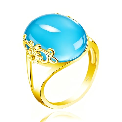 Oval Crystal Gemstone Floral Ring, 14K Gold Plated S925 Sterling Silver, Vintage Boho Statement Ring for Women - color: Floral_C lake-blue