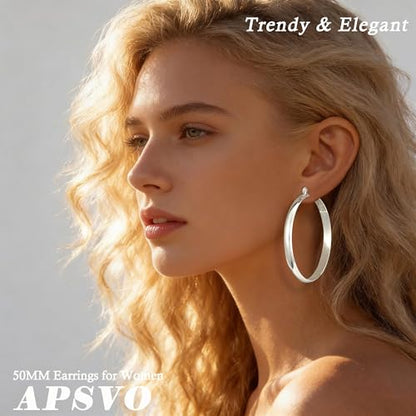 Apsvo Hoop Earrings for Women, 5mm Wide 14K Gold Plated/Silver Hoop Earring Hypoallergenic 925 Sterling Silver Earrings Lightweight Large Earrings for Women - color: Silver&60mm