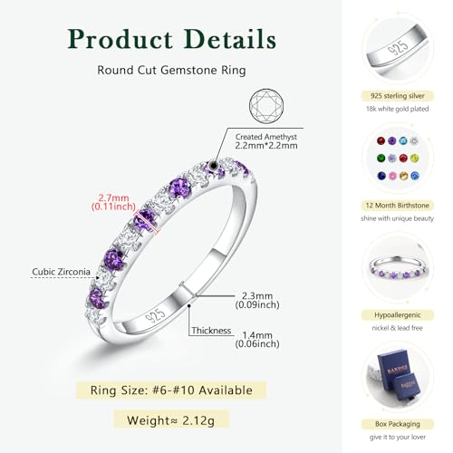 Birthstone Rings Eternity Band 925 Sterling Silver/Yellow Gold-Plated Created Gemstone Stackable Wedding Band 2.7mm Thin Half Eternity Rings for Women Size 6 to 10 - color: 02-Amethyst-Feb.