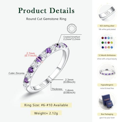 Birthstone Rings Eternity Band 925 Sterling Silver/Yellow Gold-Plated Created Gemstone Stackable Wedding Band 2.7mm Thin Half Eternity Rings for Women Size 6 to 10 - color: 02-Amethyst-Feb.